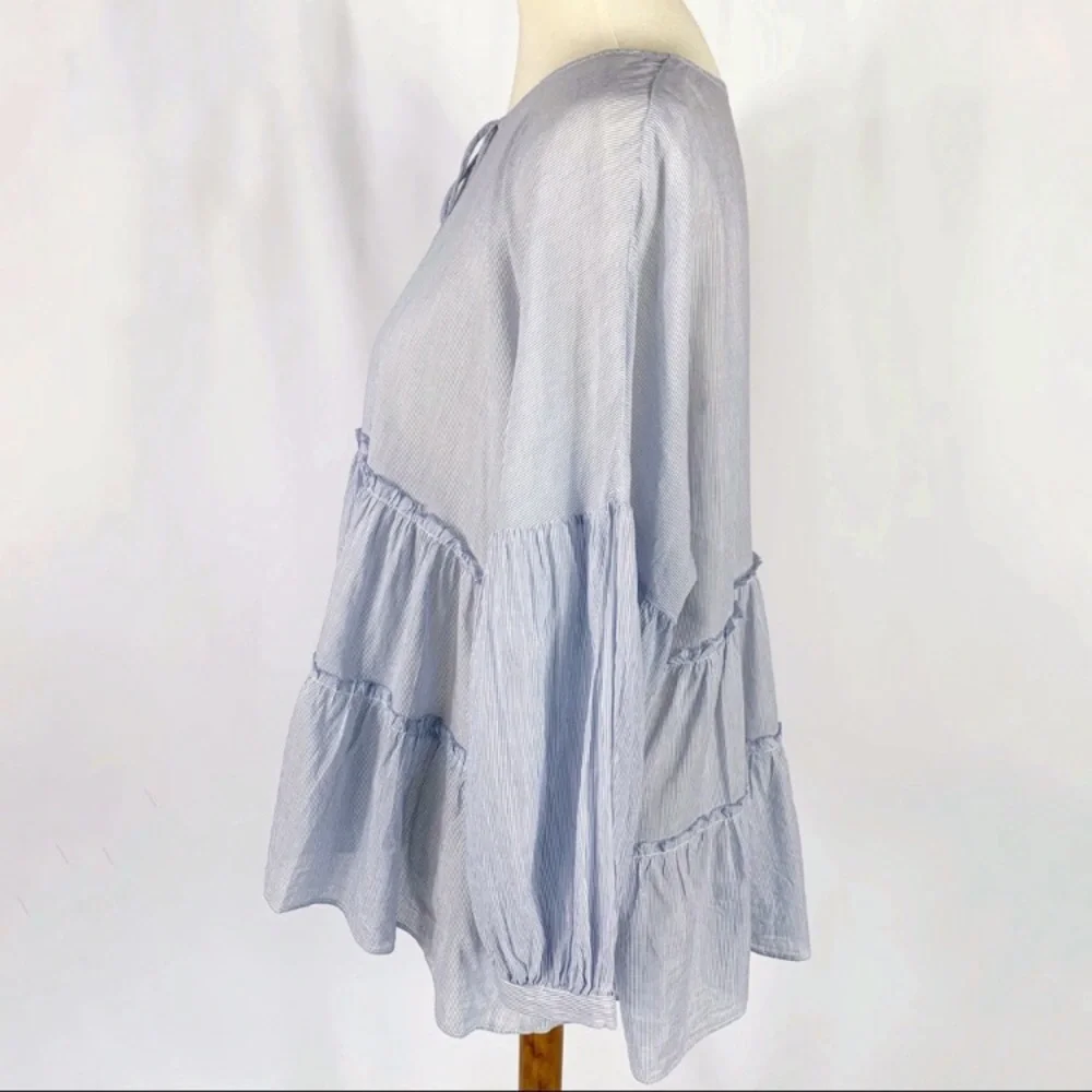 Lucky Brand blue & white stripe 3/4 balloon sleeve ruffle tiered top, Small - Picture 3 of 4